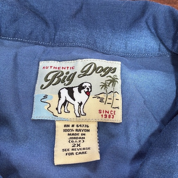 Big Dogs Shirt Mens 2X Blue Hawaiian Car Beach Palm Tree Camp Hot Rod Vintage - Picture 3 of 12